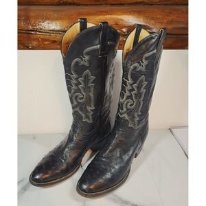 VTG McClintock Black Ostrich Leather Embroidered Cowboy Boot Almond Toe 11D